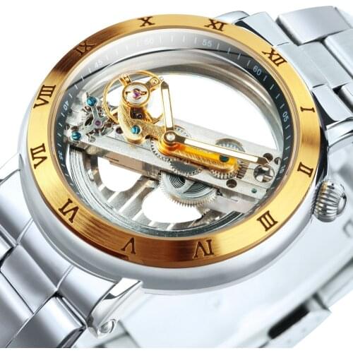 WINNER Transparent Skeleton Mechanical Watch for Men Automatic Watches Mens Golden Bridge Top Brand Luxury Steel Belt relogio