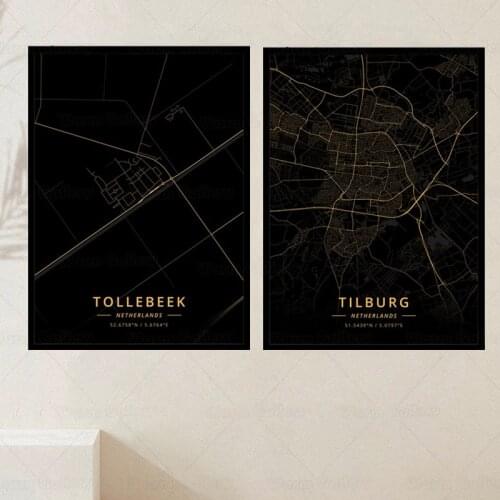 Black Art Canvas Painting Poster Tollebeek city Maps The Tilburg city Map Print Golden Gloss Lnterior Decoration