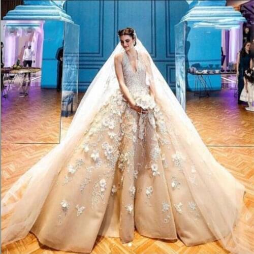 Ivory 3D Flowers Moroccan Kaftan Wedding Dress Bead Crystal Women Wedding Gown Muslim Arabia Dubai Ball Gown Bridal Dresses