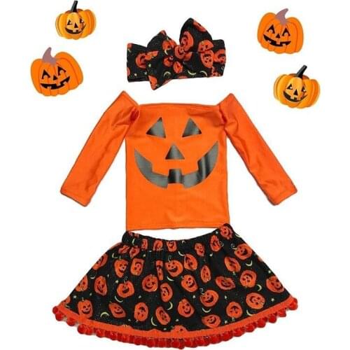 Halloween childrens clothing autumn girl suit pumpkin long-sleeved square collar T-shirt + fringed ball skirt three-piece suit