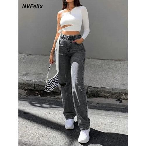 Ripped High Waist Jeans Women Straight Leg Loose Boyfriend Jean Pants Casual Wash Denim Trousers Fashion Streetwear Baggy Pants