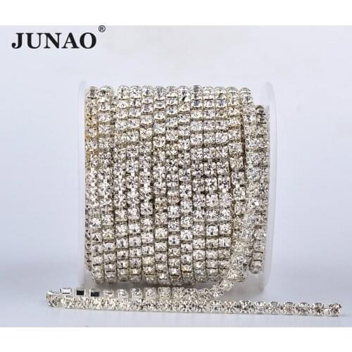JUNAO High Quality SS6 8 10 12 16 18 Silver Gold Base Glass Rhinestone Dense Chain Clear Crystal Appliques Trim Strass Banding
