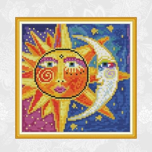 Sun and Moon Paintings Cross Stitch Printed Canvas DIY Hand Made Embroidery Sets for Needlework DMC Cotton Thread Crafts