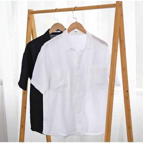 Double-pockets 100% linen short-sleeved shirt men summer breathable shirts for men casual brand shirts male fashion overhemd