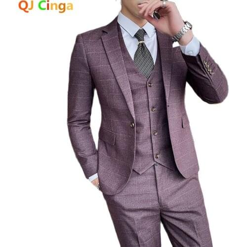 One Button V-neck Purple Plaid 3 Piece Set for Men with Slim Fit for Business/Wedding Men Blazer+Pant+Vest Autumn Mens Suits 4xl