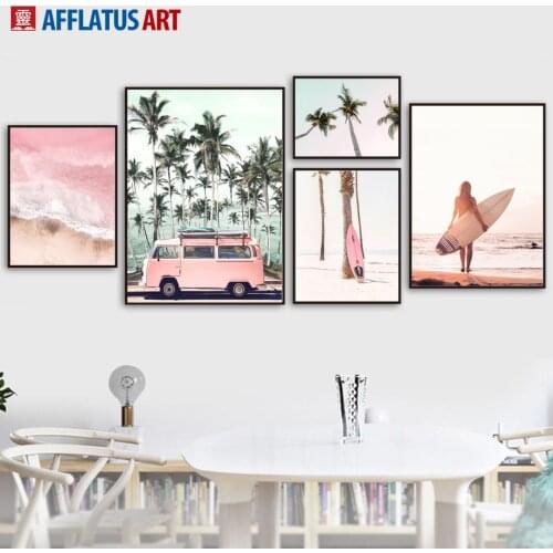 Pink Bus Sea Beach Coconut Tree Landscape Wall Art Canvas Painting Nordic Posters And Prints Wall Pictures For Living Room Decor