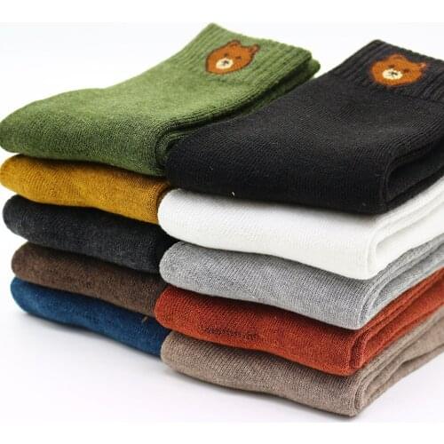 Winter New Womens Thick Warm Color Embroidery Bear Wool Fashion Multicolor Harajuku Retro High Quality Cotton Socks