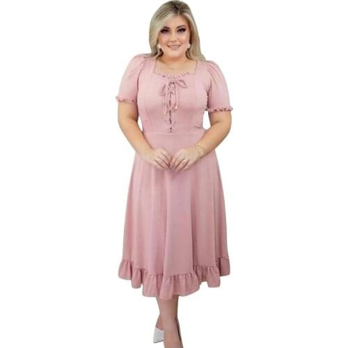 Ruffle Dresses For Women Square Collar Eyelet Lace Up Summer Fashion New Ruched Splice Vintage Elegant Party Dress 4XL Plus Size