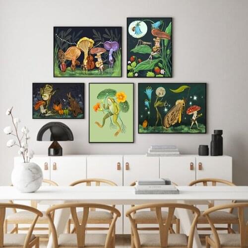 Moonlit Mushroom Concert Poster Prints Fun Canvas Art Painting Abstract Vintage Frog Animal Wall Pictures Living Room Home Decor