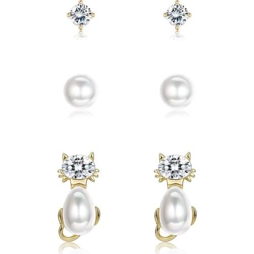 SILVERHOO 100% 925 Sterling Silver Earrings For Women Cute Kitten & Shell Pearl & Round CZ Tiny Stud Earring Sets Luxury Jewelry