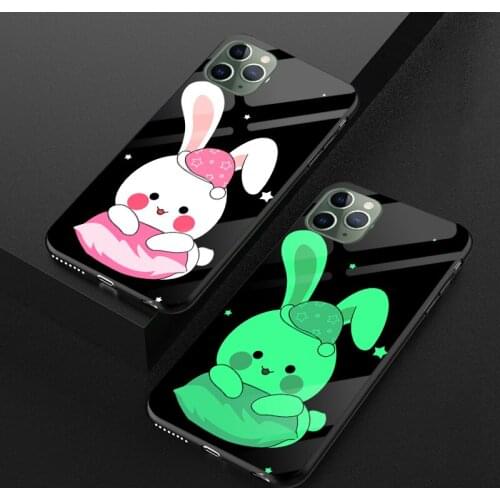 Luminous Glow Glass Case For iPhone X 6S 7 8 Plus Cute Rabbit Light Back Cover For iPhone XR XS 11 Pro MAX