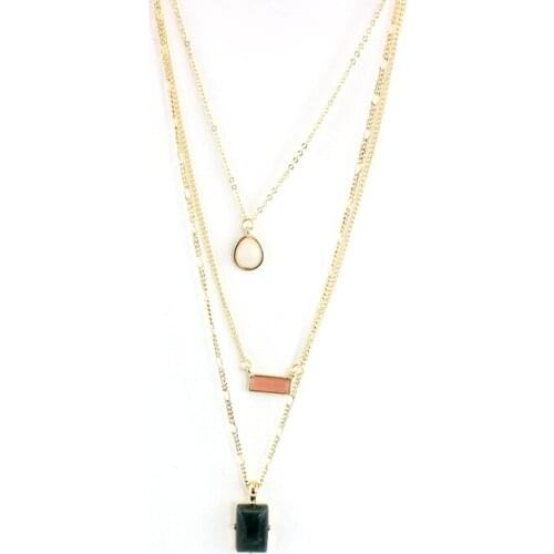 Three layers of pink natural stone necklace geometric pendant long necklace women drop water multilayer necklace