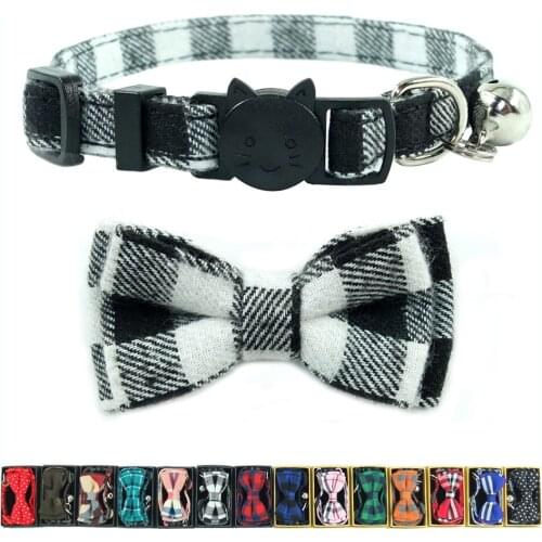 XPangle Black&White Plaid Cat Collar Breakaway with Bells Bow Tie Quick Release Collar for Cat Kitten Puppy Accessories 17-28cm