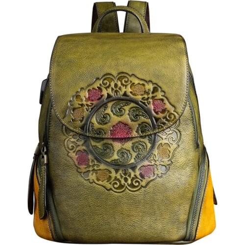 Genuine Leather Women Backpack Girl Female With USB Charging Port Book Bag Roomy Beautiful Vintage Grey Red Brown Green