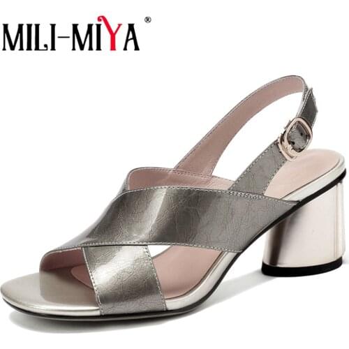 MILI-MIYA Classic Design Women Sandals Patent Leather Comfortable Round Heels Buckle Strap Dress Party Summer Shoes For Ladies