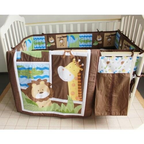 Promotion! 5pcs Embroidery Baby bedding set cute bed set baby crib set,include (bumpers+duvet+bed cover+bed skirt+diaper bag)