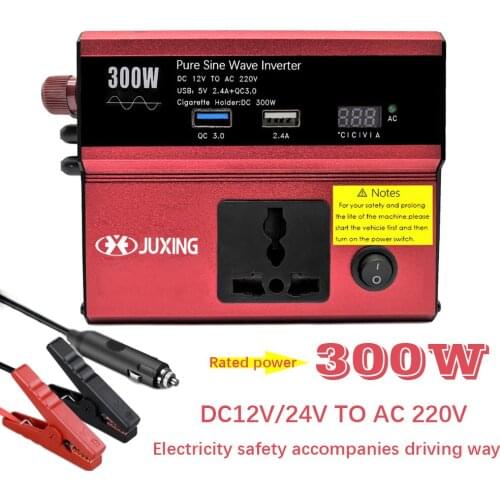 JUXING Pure Sine Wave 300W Full Power Car Inverter DC12V/24V To AC 220V Converter With AC Socket and QC 3.0 Fast Charging Port