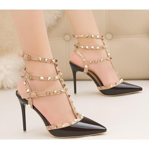 High Heels Sandals Women New Summer Shoes Patent leather rivet sandals with stiletto heels Red Transparent Female Shoes Large