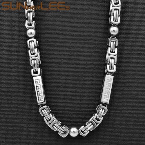 SUNNERLEES 316L Stainless Steel Necklace 7mm Geometric Byzantine Link Chain Black Gold Silver Color Men Women Jewelry SC62 N
