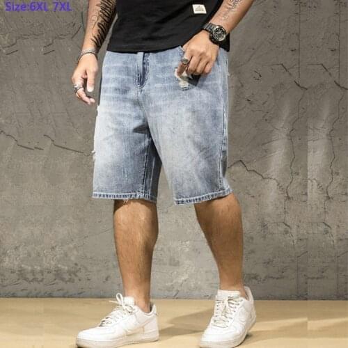 Half Length Elastic Waist High Waist Denim Jeans Knee Length For Men Large Cotton Very Big Man Plus Size M 5XL 6XL 7XL