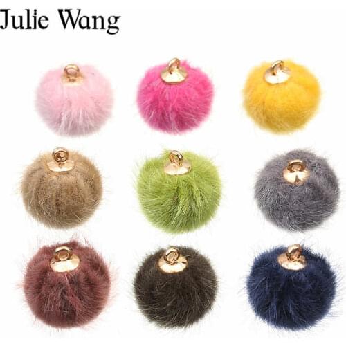 Julie Wang 12pcs Alloy+Imitation Mink Fur Round Ball Pendants Charms Necklace Earrings Bracelet Finding Jewelry Making Accessory