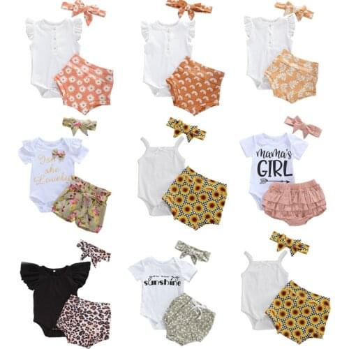 Newborn Infant Baby Girls Boys Clothes Sets 3pcs Print Ruffles Sleeve Romper Tops Shorts Headband 0-18M