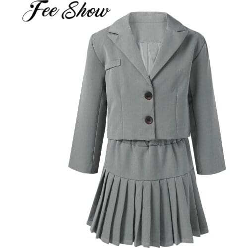 2Pcs Kids Girls Spring Autumn School Uniform Suit Lapel Collar Long Sleeve Coat Blazer + Pleated Skirts Childrens Party Set