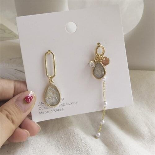 Korean Cute Acrylic Zircon Pearl Tassel Drop Earrings Chic Asymmetric Pendent Fashion Earrings for Women Girls Ear Jewelry Gift