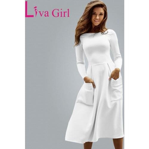 LIVA GIRL Winter Spring Women Casual Long Dresses Skater Dress Female Long Sleeve White Sexy Midi Dress Office Pleated Vestidos