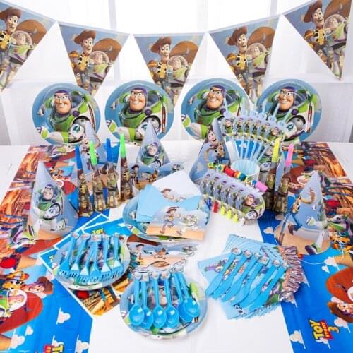Toy Story Theme Party Disposable Tableware Set Plates Cups Triangular Flag Banner Childrens Birthday Party Supplies