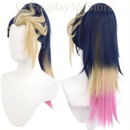 NEW KDA Akali Wig LoL Cosplay Gradual Blue Yellow Pink Ponytail Synthetic Hair 55cm Long Straight Wig Beauty Tip
