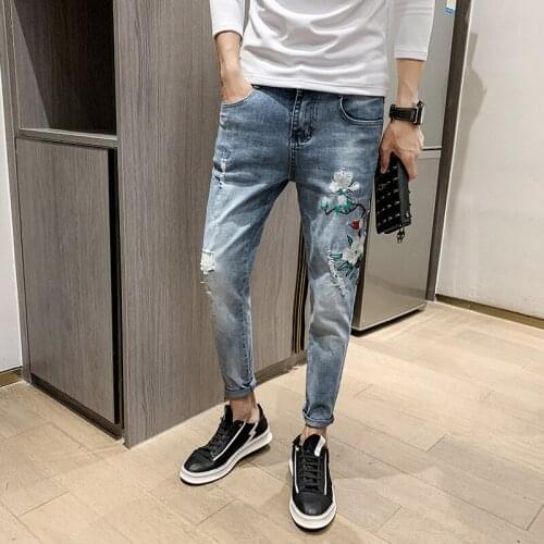 Slim handsome jeans mens self-cultivation feet tide brand social spirit guy hole embroidery Korean ankle length pencil pants
