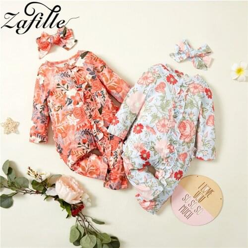 ZAFILLE Autumn Winter Baby Girl Clothes Ruffles Floral Babys Rompers and Headband Set Newborn Jumpsuit For Kids Clothes Girls