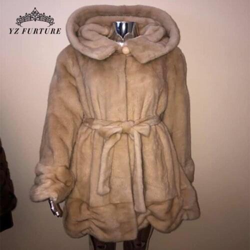 Real Mink Fur With Hat Coat For Woman Lady Coat with Long Sleeve And Belted Fashion Essential Outerwear Winter Jacket MKW-351