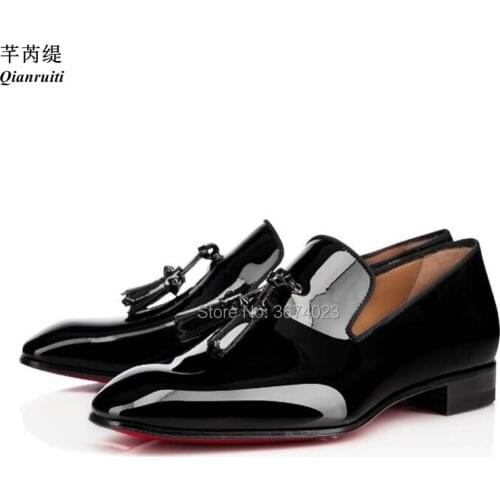 Qianruiti Fashion Mens Tassel Loafers Black Leather Flat Shoes Slip-on Fringe Shoes Wedding Party Shoes Men Top Quality
