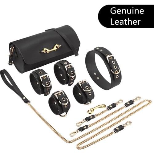 5 Pcs/Set Adult Game Genuine Leather Hand/Footcuffs Collar Adjustable BDSM Bundle Bondage Slave Erotic Sex Toy For Woman Couples