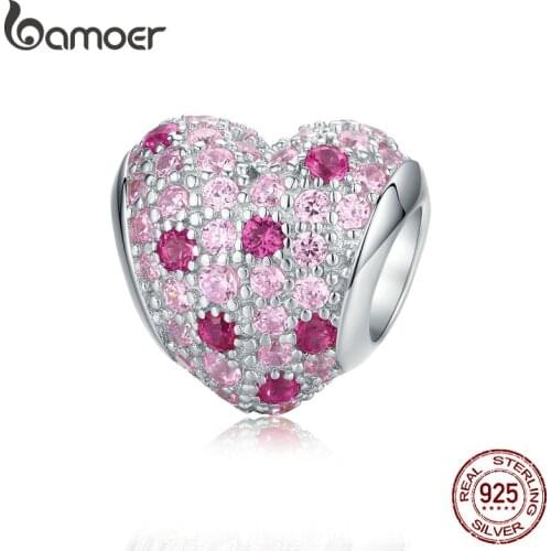 Bamoer 925 Sterling Silver Pink CZ Heart Charm for Original Silver Snake Bracelets Women Romantic Jewelry Accessories BSC118