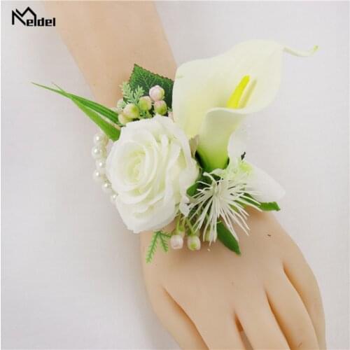 Meldel Silk Rose Calla Wedding Corsages and Groom Boutonnieres Bridesmaids Wrist Bracelets Marriage Party Prom Men Suit Flowers