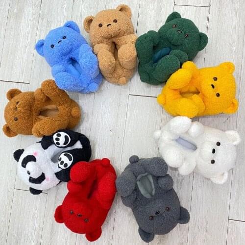 2021 Cute Teddy Bear Plush Slippers Female Home Indoor Panda Cotton Shoes Women Flat Faux Fur Slides Furry Warm Shoes Wholesale