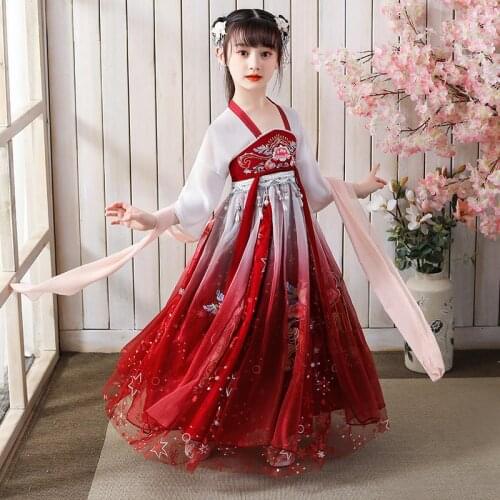 Traditional Chinese Costume Kids Hanfu Dress Crane Printed Fairy Princess Girl Dress Top+skirt Set Folk Dance Costume Children