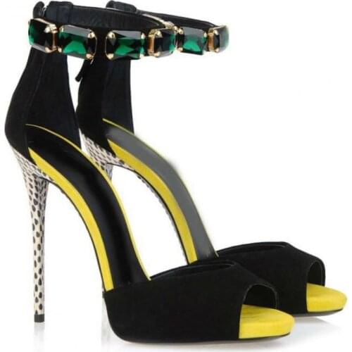 Pumps High Heels Sandals Brand Women Shoes Green Crystal Thin Heel Patchwork Color Modern Sandals Summer Sandalias Femininas