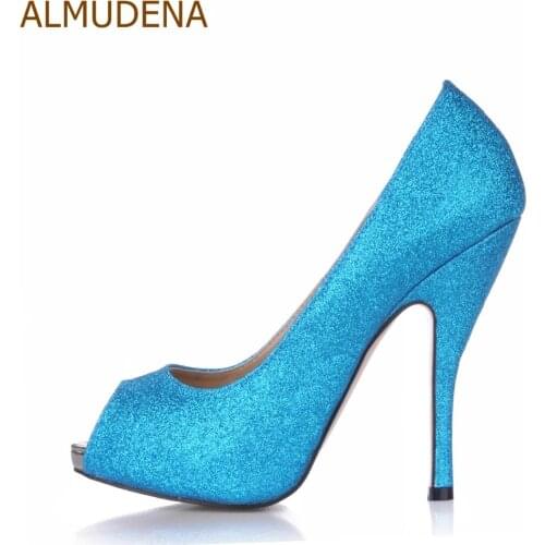 ALMUDENA Nice Sky Blue Bling Bling Sequined Open Toe Pumps Free Shipping Thin High Heel Dress Shoes Nightclub Girls Party Pums