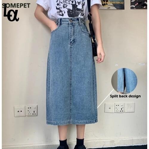 Luck A Retro Long Denim Skirts For Girls Women High Waist Button Pockets Split Jeans Straight Plus Size Maxi Skirts For Woman