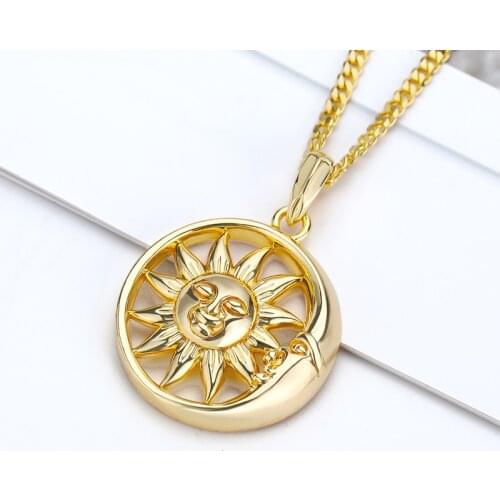 Vintage Tarot Face Sun Moon Necklace For Women Gold Round Nameplate Pendant Stainless Steel Necklace Goth Jewelry Collier Femme