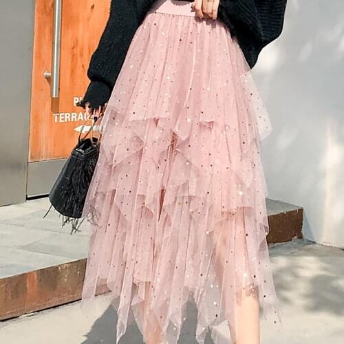 2021 Spring Summer Fashion Mesh Tulle Skirt Women Moon Star Sun Sequin Elastic High Waist Long Gauze Skirt Female юбка женская