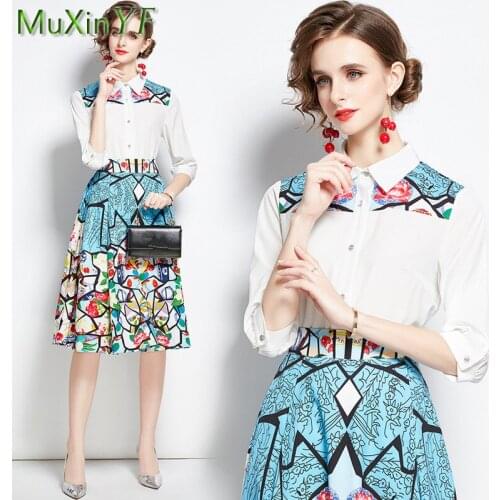 Womens Summer Two Pieces Clothing Set 2021 New Office Lady Graceful Print Half Sleeve Polo Collar Shirt+ High Waist Skirts Suit