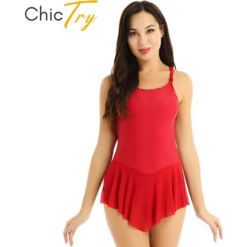 ChicTry Women Performance Competition Dance Costume Sleeveless Shiny Rhinestones Ballet Gymnastics Leotard Figure Skating Dress