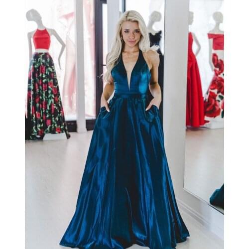 2021 Long Satin V Neck Prom Dresses with Pockets Sleeveless Halter Formal Evening Party Gowns Robe De Soiree
