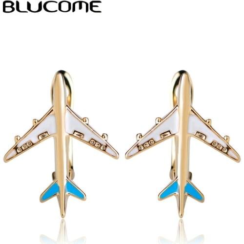Blucome Enamel Airplane Stud Earrings For Women Gold Color D Hooks Aircraft Plane Model Copper Earring Ear Piercing Bijoux Gifts
