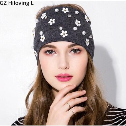 GZHilovingL 2017 Womens Pearls Flowers Diamond Elastic Cotton Headbands Headwear Solid Ladies Headband Girls Hair Accessories